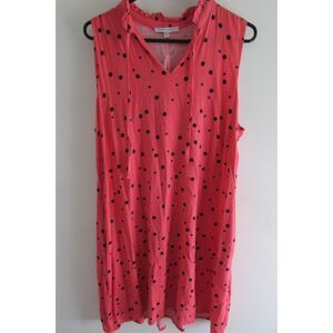 Sandra Darren Coral with Polka Dots Dress Size XL Tie Front Ruffle Collar